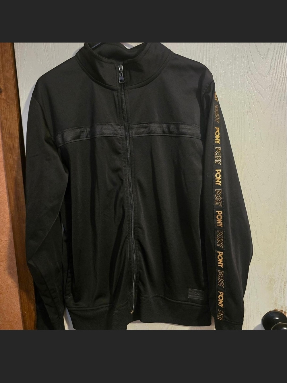 Pony Black Zip-Front Track Jacket with Gold Logo Sleeve Tape
